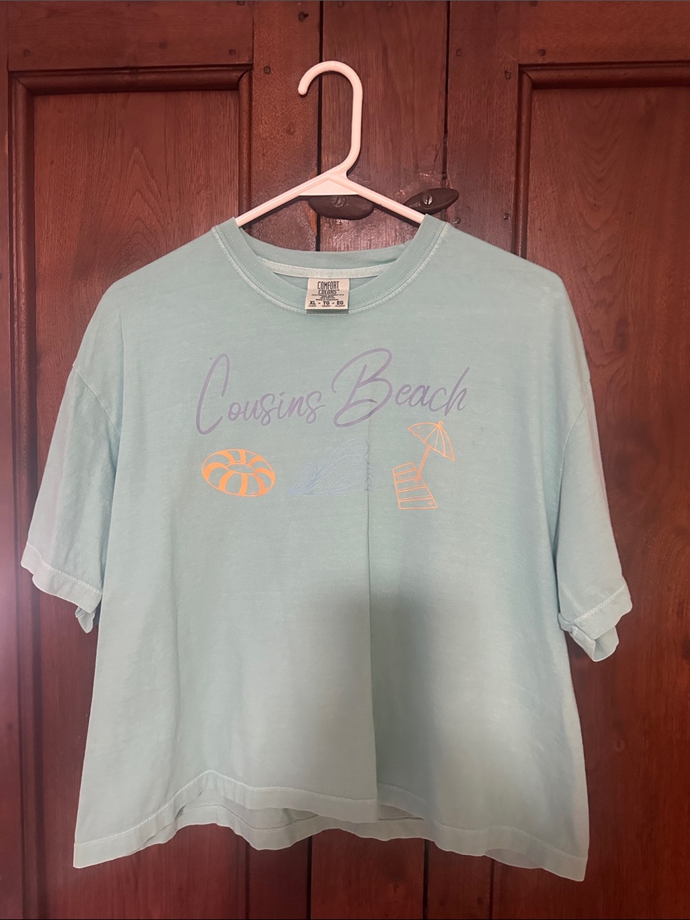 Comfort Colors Light Aqua Cousins Beach TSITP Graphic Tee with Pastel Purple